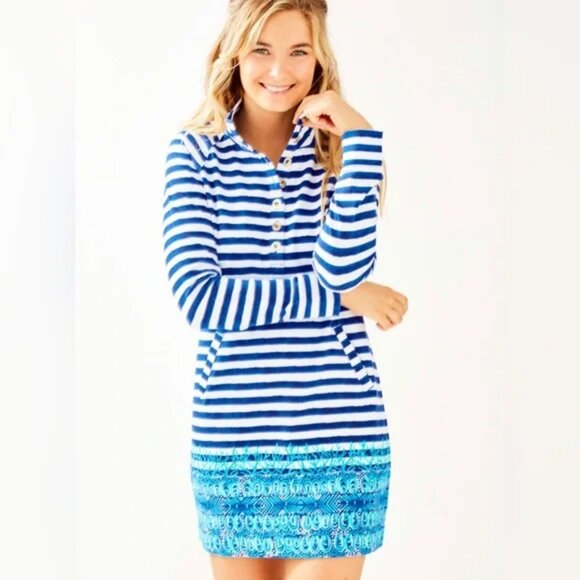 Lilly Pulitzer Dresses & Skirts - Lilly Pulitzer UPF 50+ CAPTAIN DRESS BRIGHT NAVY POSITANO STRIPE L